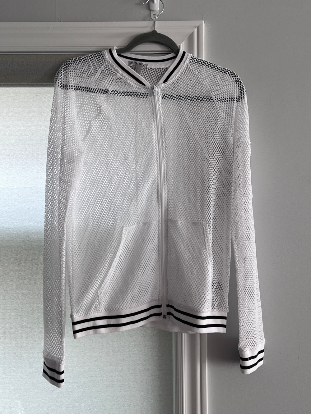 White Mesh Zip-Up Bomber Jacket with Black Trim